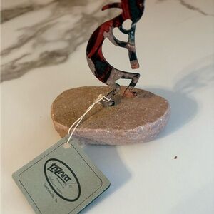 Kokopelli Lazart Enameled Metal Art Figurine Flute Dancer on Sandstone 4" tall